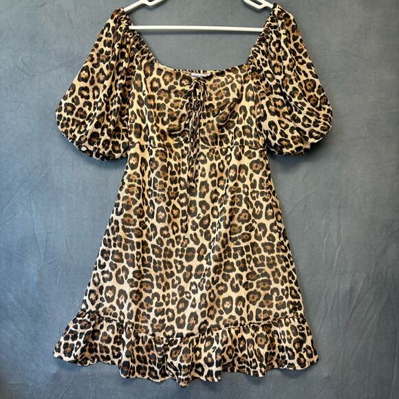 Mimi Chica Cheetah Print Dress Women’s Large Mini Puff Sleeves Leopard Sheer - Picture 1 of 9